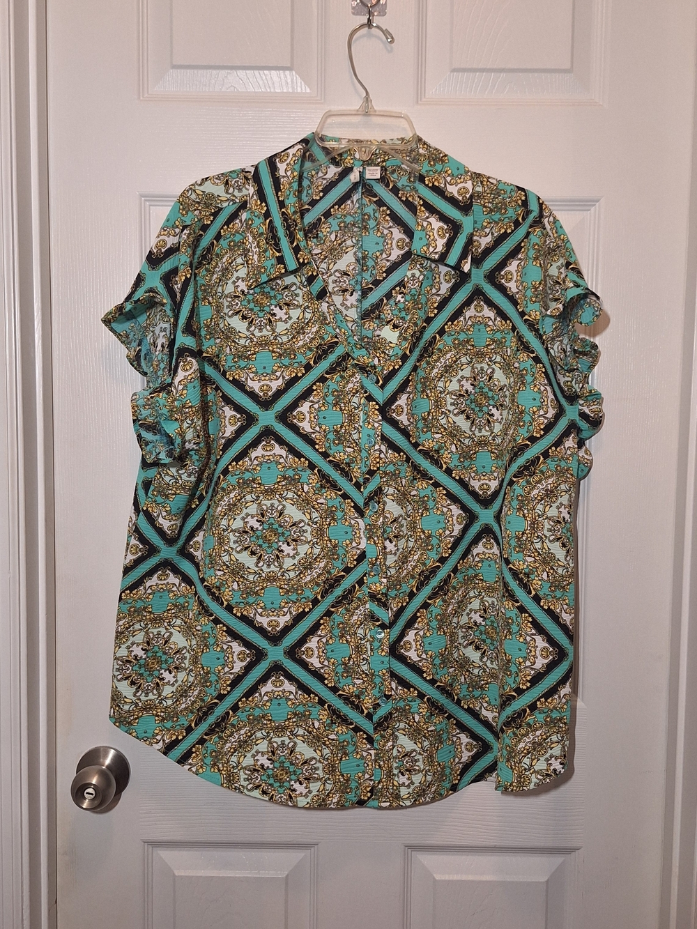 Cato Aqua, Black and Gold Medallion Button-Down Shirt
